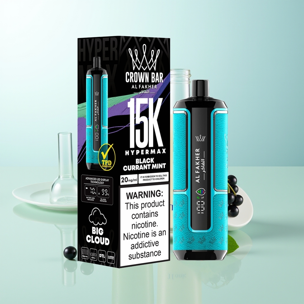 Al Fakher Crown Bar 15K Hipermax Desechable Vape Kit Grosella Negra Menta 22ml 600mAh Tipo-C DTL 6mg/ml Compacto Portátil Ligero
