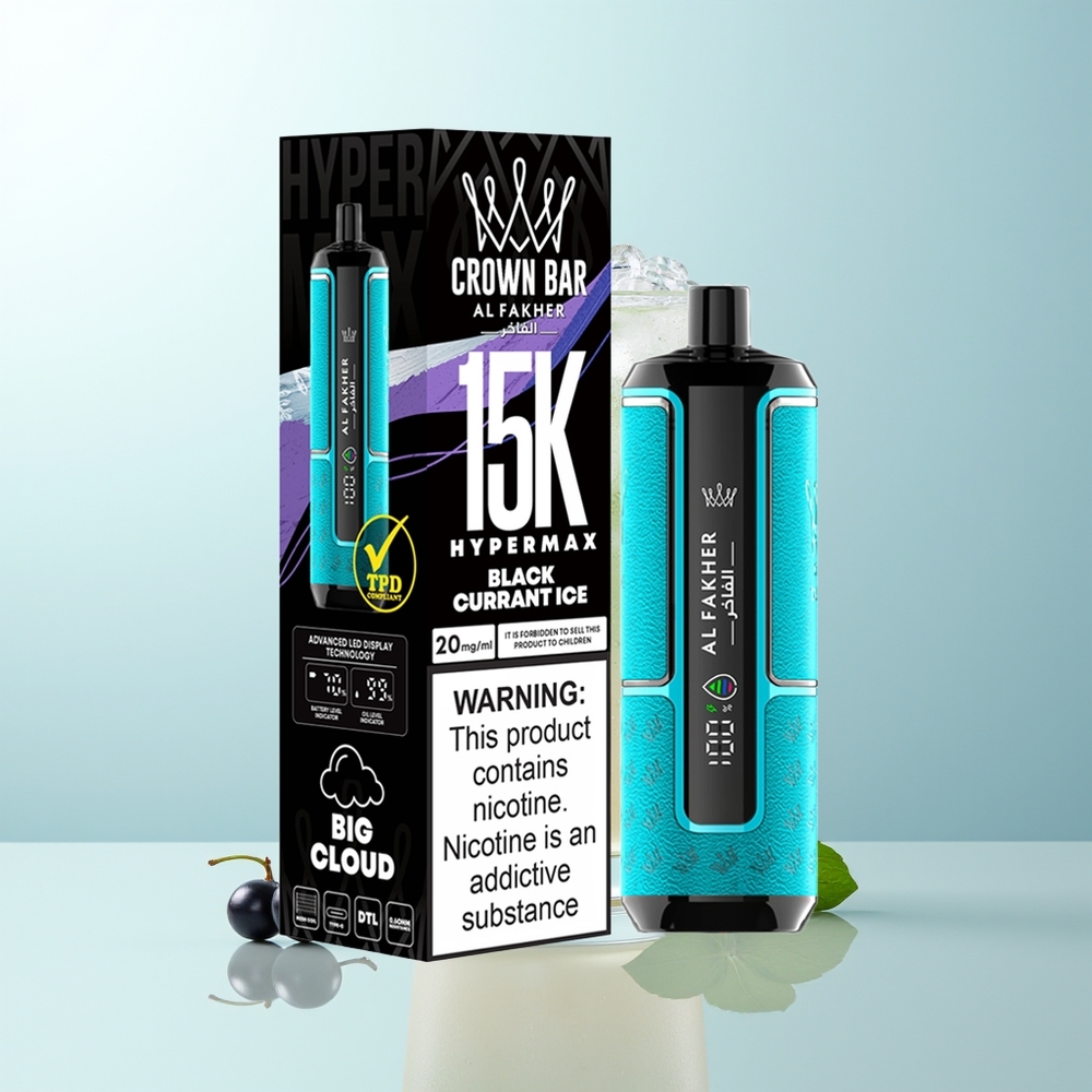 Al Fakher Crown Bar 15K Hipermáx Desechable Vape Kit Grosella Negra Hielo 22ml 600mAh Tipo-C DTL 6mg/ml Compacto Portátil Ligero