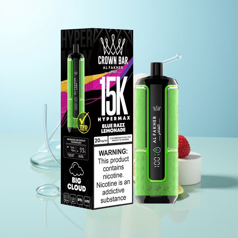 Al Fakher Crown Bar 15K Hypermax Barra Desechable de Vapeo Azul Frambuesa Limonada 22ml 600mAh Tipo-C