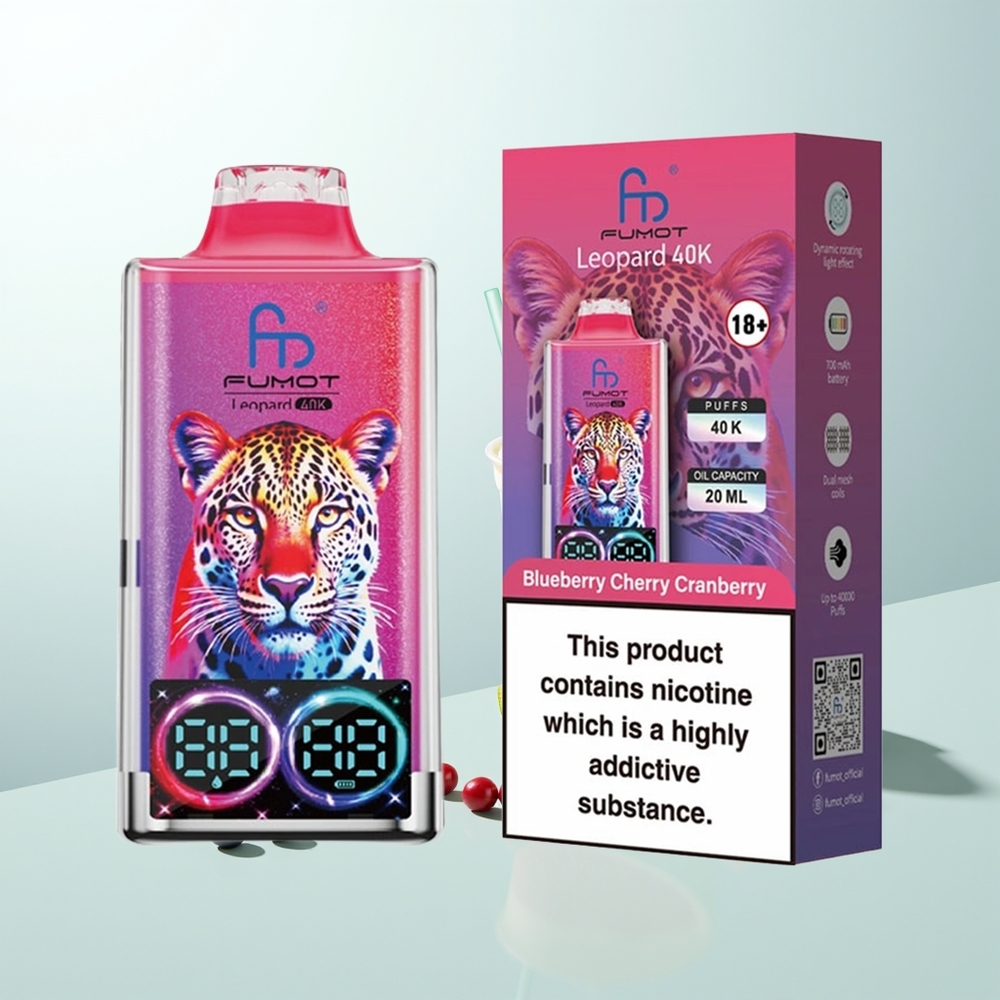 Fumot Leopardo 40K Puffs Vape Desechable Arándano Azul Cereza Dual Mesh 5 Nicotina 700mAh Tipo-C Pantalla Digital
