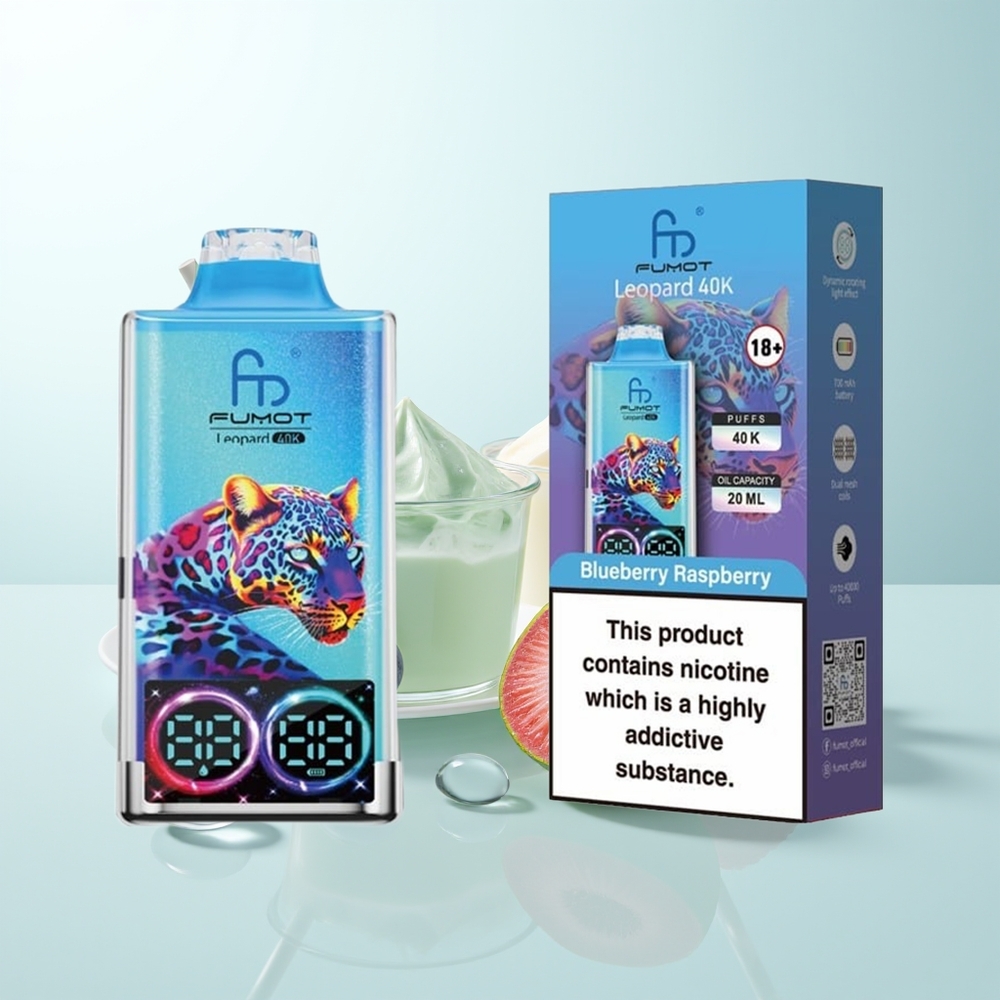 Fumot Leopardo 40K Puffs Vape Desechable Arándano Frambuesa 0-5 Nicotina Batería 700mAh Dual Mesh Tipo-C Pantalla Digital