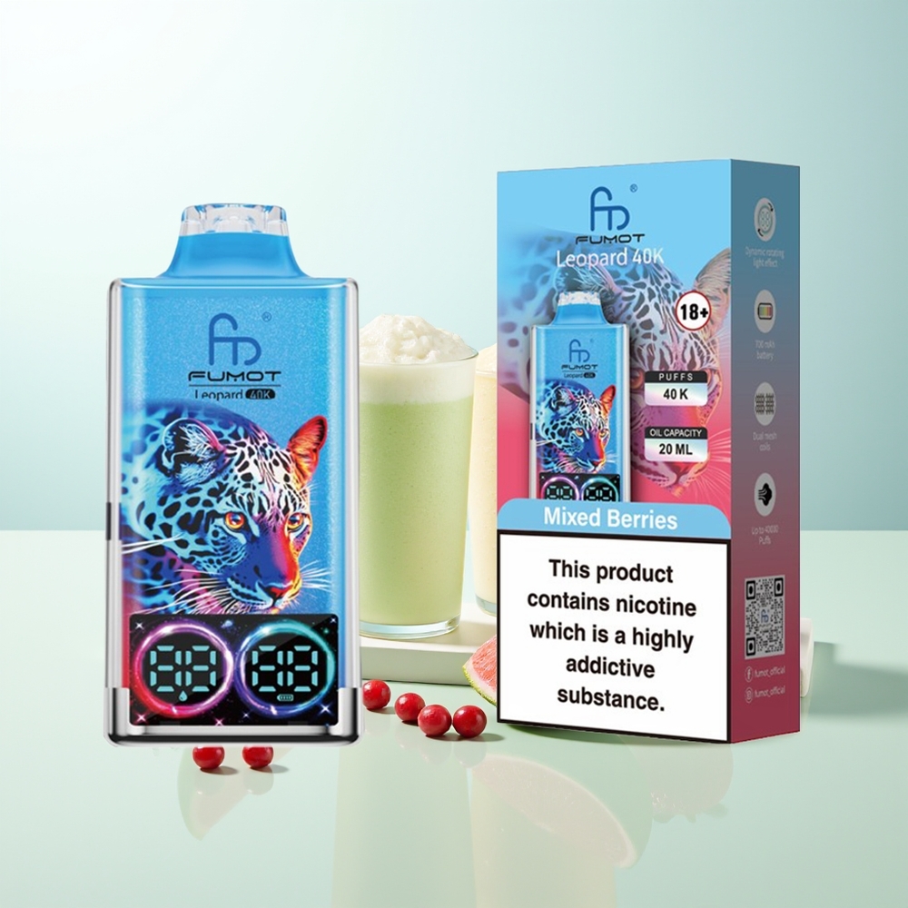 Fumot Leopardo 40K Puffs Vape Desechable Bayas Mixtas 0/2/3/5 Nicotina Batería 700mAh Dual Mesh Tipo-C Pantalla Digital de Nivel de E-Líquido