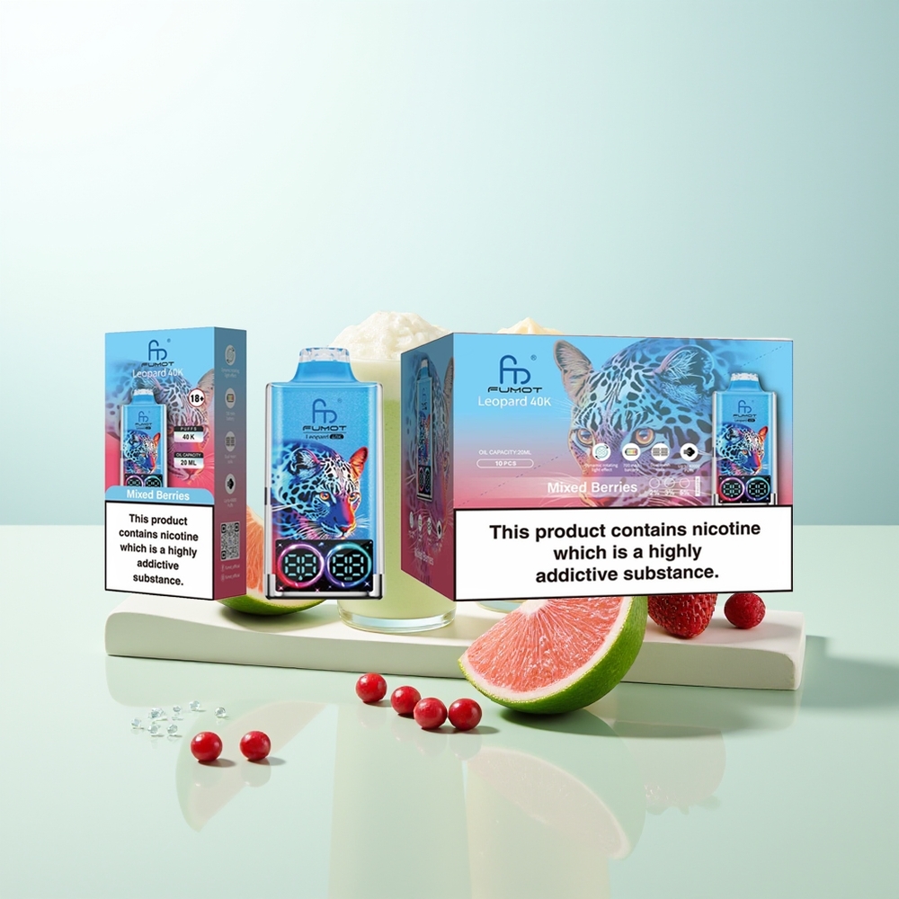 Fumot Leopardo 40K Puffs Vape Desechable Bayas Mixtas 0/2/3/5 Nicotina Batería 700mAh Dual Mesh Tipo-C Pantalla Digital de Nivel de E-Líquido