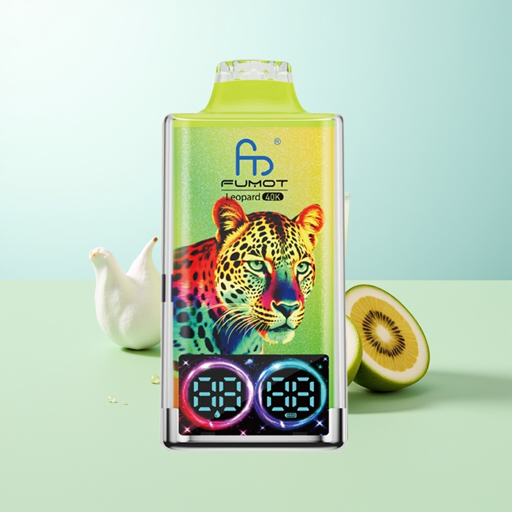 Fumot Leopardo 40K Puffs Vape Desechable Kiwi Maracuyá Guayaba 0 Nicotina 700mAh Dual Malla Carga Tipo-C Pantalla Digital de Aceite