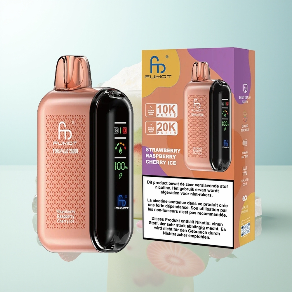 Fumot Tornado 20000 Chupadas Fresa Frambuesa Cereza Hielo Dual Mesh Coil 20ml Pantalla Inteligente