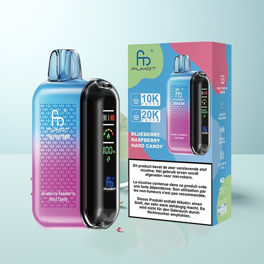 Fumot Tornado 20000 Puffs Arándano Frambuesa Caramelo Duro Dual Mesh Coil Pantalla Inteligente Control de Flujo de Aire