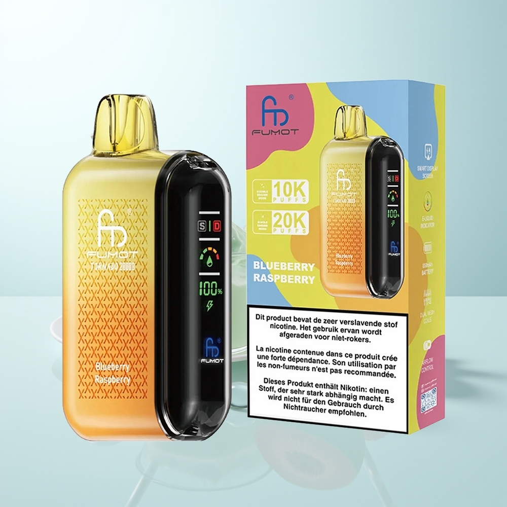Fumot Tornado 20000 Puffs Arándano Frambuesa Dual Mesh Coil 20ml 850mAh Pantalla Inteligente Control de Flujo de Aire 2 Nicotina Modo Motor Único