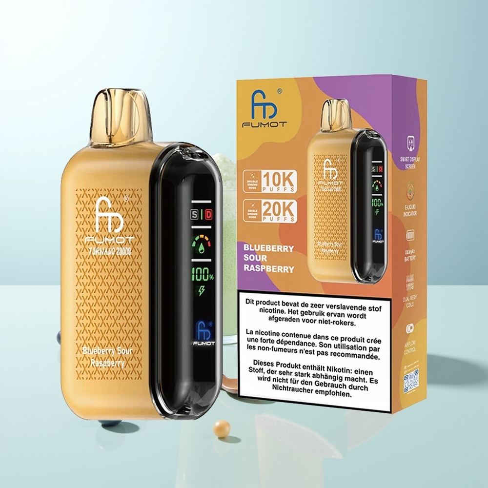 Fumot Tornado 20000 Puffs Arándano Frambuesa Ácida Dual Mesh Coil 20ml Pantalla Inteligente