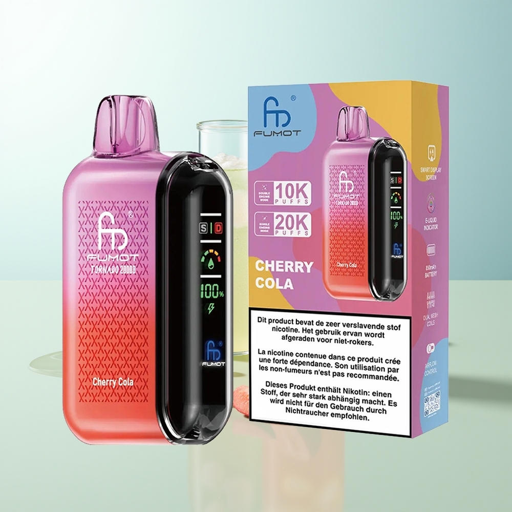 Fumot Tornado 20000 Puffs Cereza Cola Dual Mesh Coil 20ml Pantalla Inteligente