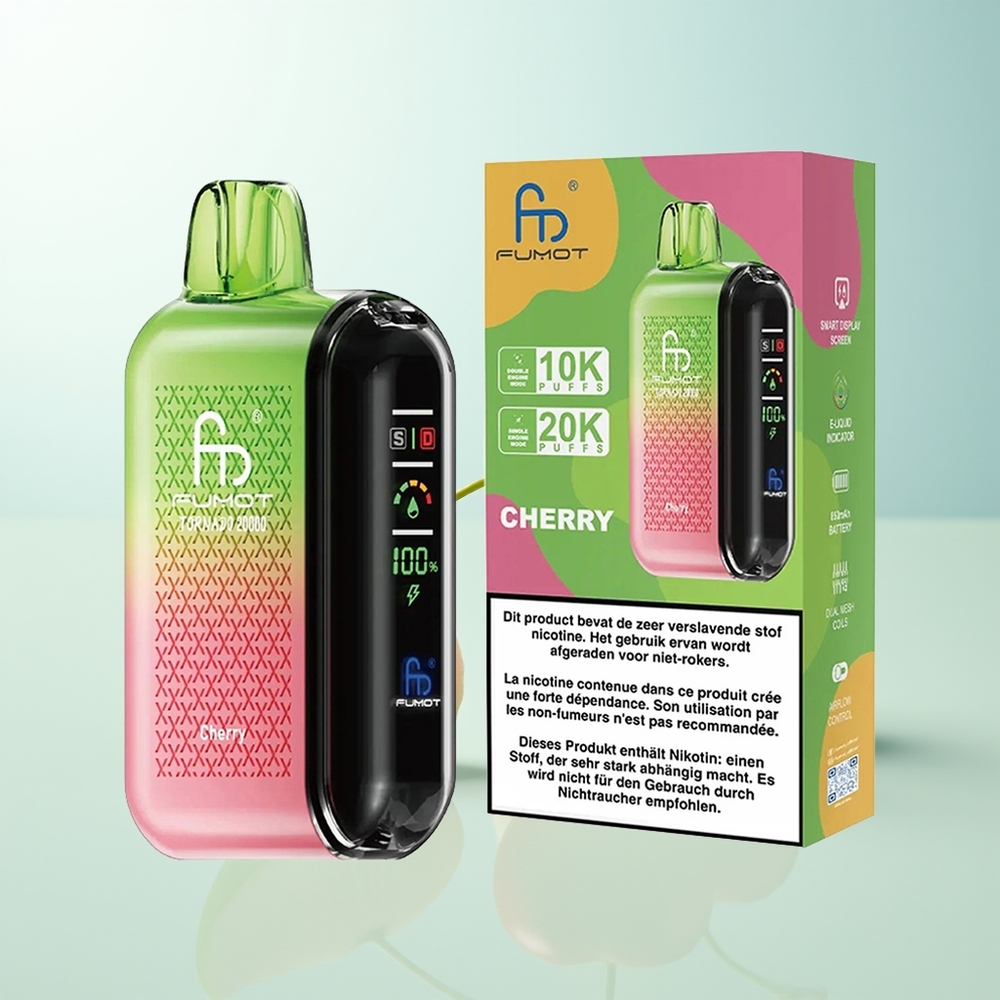 Fumot Tornado 20000 Puffs Cereza Dual Malla Pantalla Inteligente Control de Flujo de Aire