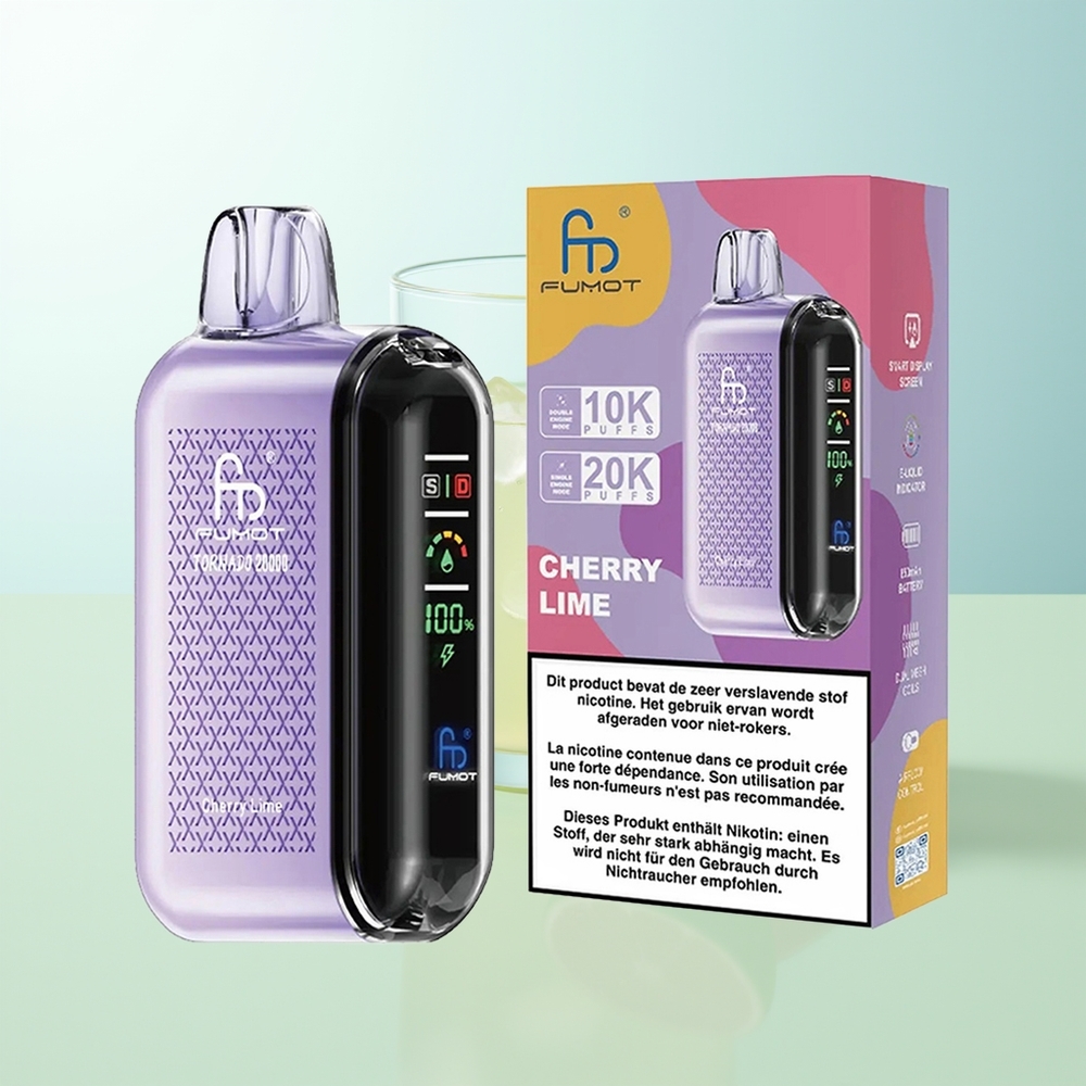Fumot Tornado 20000 Puffs Cereza Lima Dual Mesh Pantalla Inteligente
