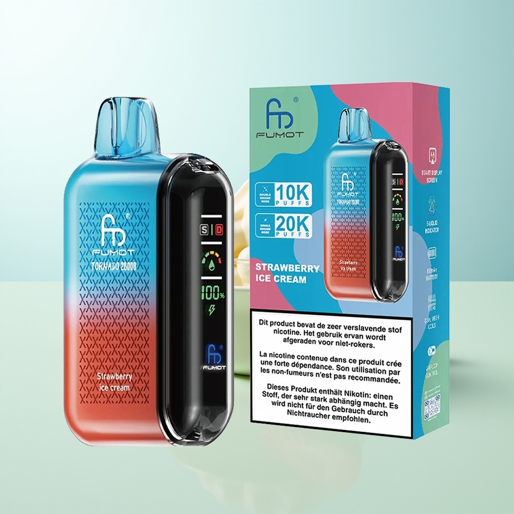 Fumot Tornado 20000 Puffs Fresa Helado Dual Mesh Coil 20ml Pantalla Inteligente