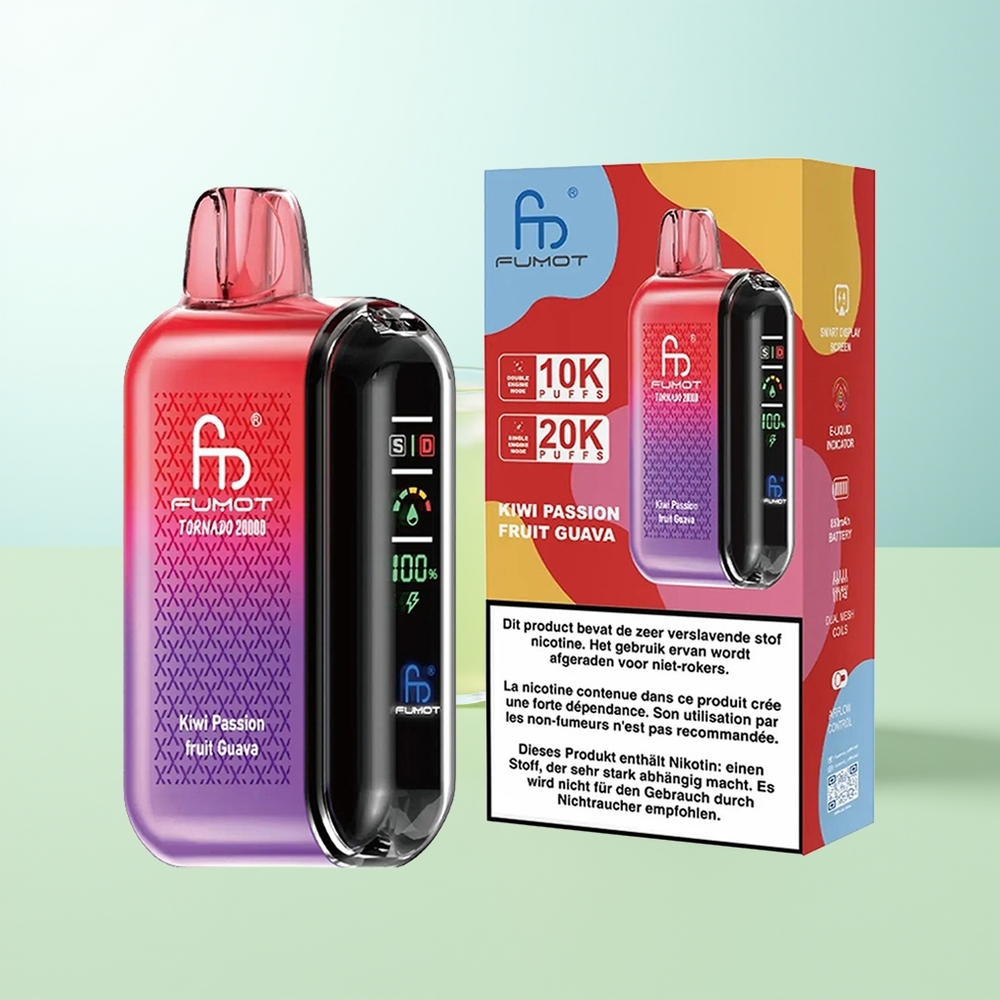 Fumot Tornado 20000 Puffs Kiwi Maracuyá Guayaba Dual Mesh Coil 20ml Pantalla Inteligente