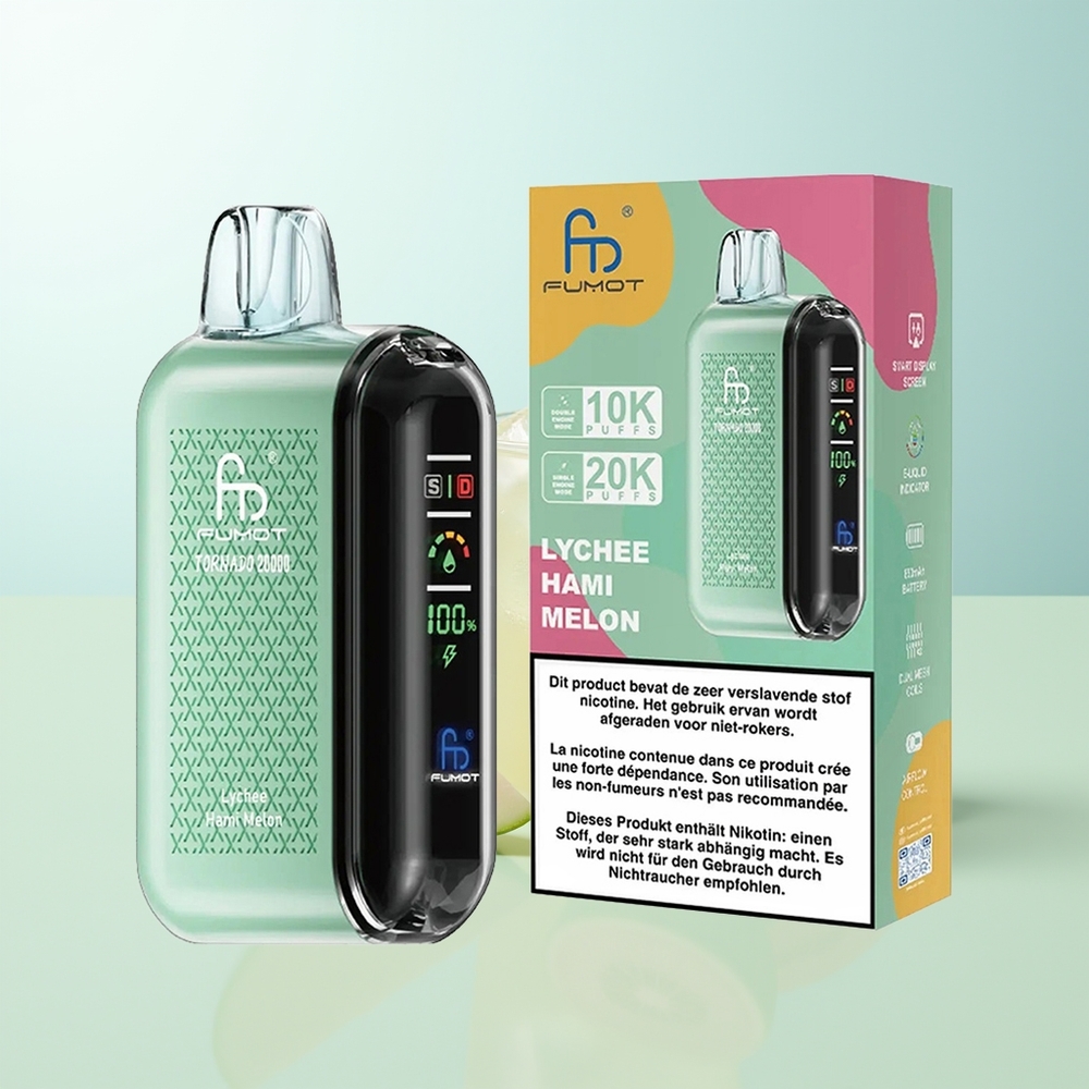 Fumot Tornado 20000 Puffs Lichi Melón Hami Dual Malla Pantalla Inteligente