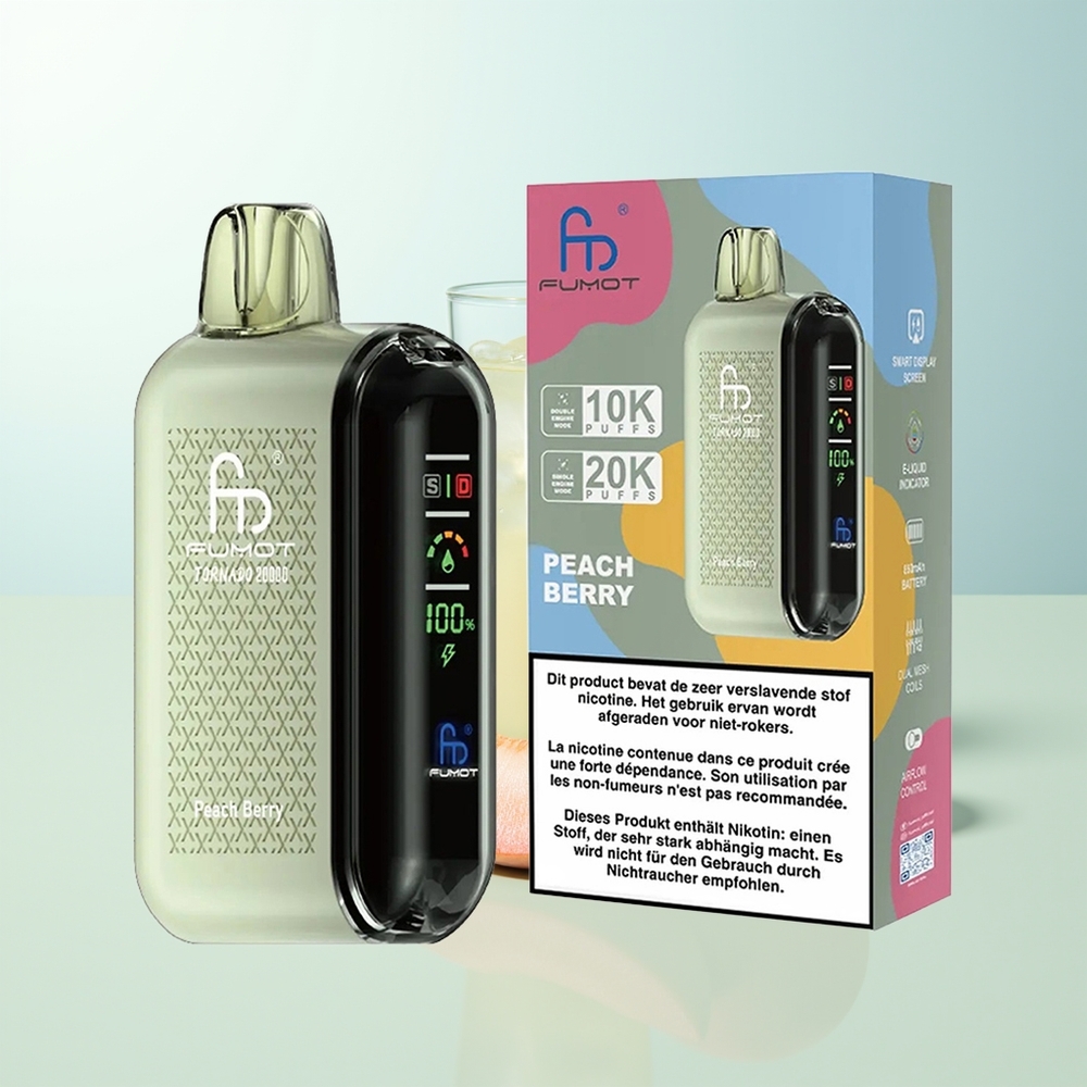 Fumot Tornado 20000 Puffs Melocotón Baya Dual Mesh Coil 20ml Pantalla Inteligente