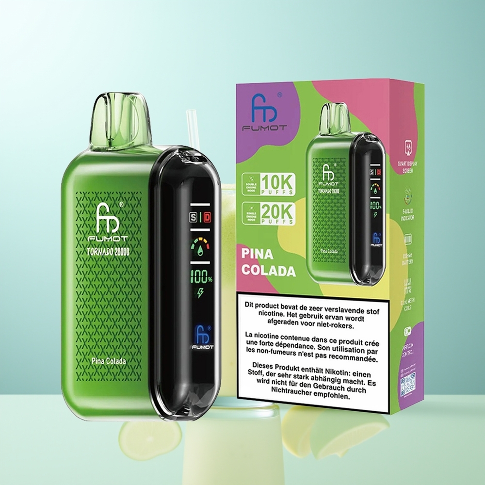Fumot Tornado 20000 Puffs Piña Colada Dual Mesh Coil 20ml Pantalla Inteligente Control de Flujo de Aire