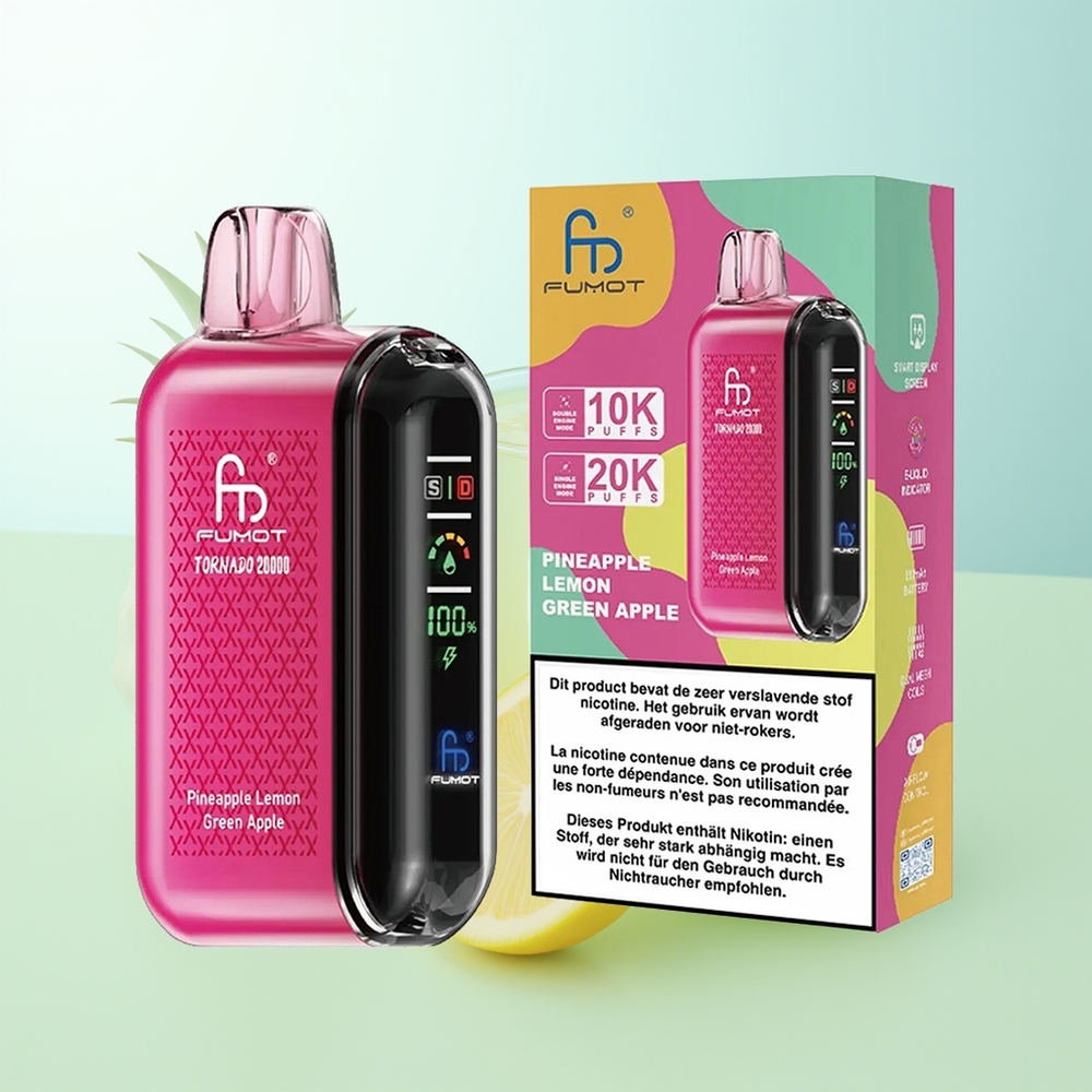Fumot Tornado 20000 Puffs Piña Limón Manzana Verde Dual Mesh Coil 20ml 850mAh Smart Display Airflow Control 2 Nic