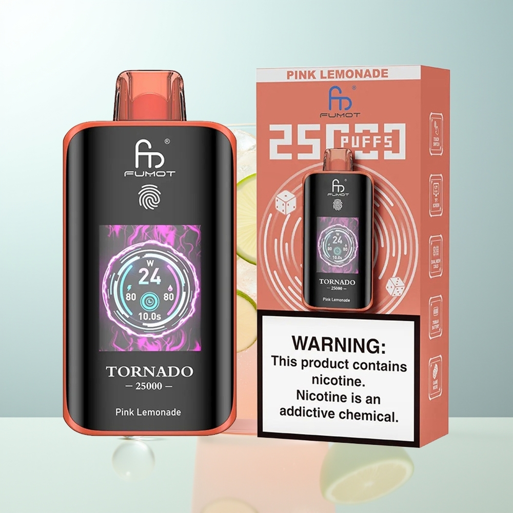 Fumot Tornado 25000 Chupadas Limonada Rosa Pantalla HD Batería Recargable 700mAh Carga Tipo-C
