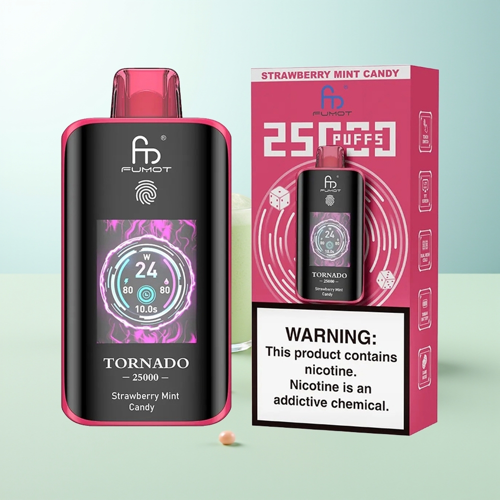 Fumot Tornado 25000 Puffs Fresa Menta Caramelo Pantalla HD Batería Recargable 700mAh Tipo-C