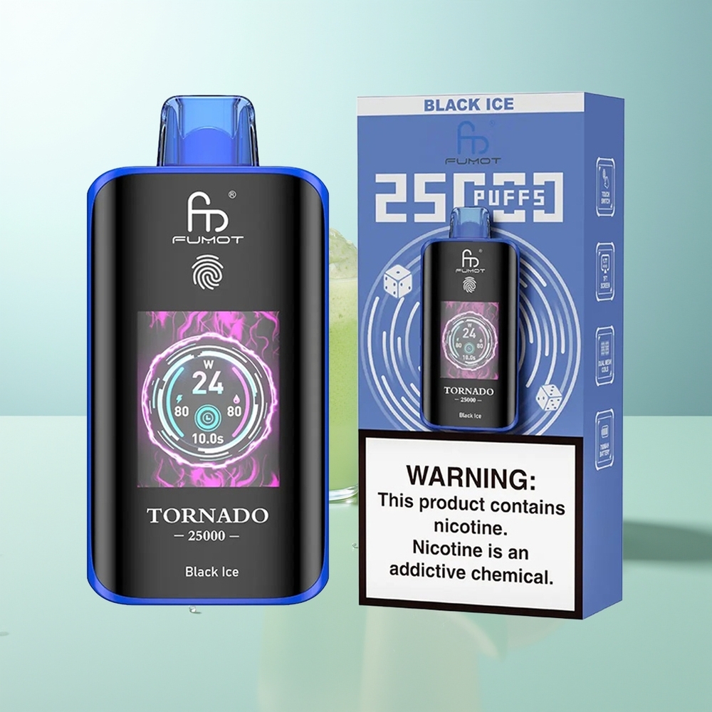 Fumot Tornado 25000 Puffs Negro Hielo con Pantalla HD Batería Recargable 700mAh E-líquido 20ml y Carga Tipo-C