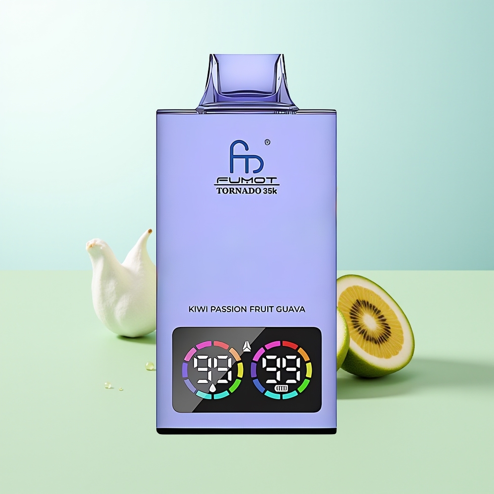 Fumot Tornado 35000 Disposable Vape Kiwi Maracuyá Guayaba con Bobina Dual Mesh Indicador de E-líquido Luces RGB Variables 15ml de E-juice