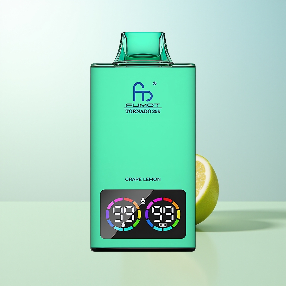 Fumot Tornado 35000 Vape Desechable Uva Limón con Bobina Dual Mesh Indicador de E-líquido Luces RGB Variables Batería de 700 MAH y Carga Rápida USB-C