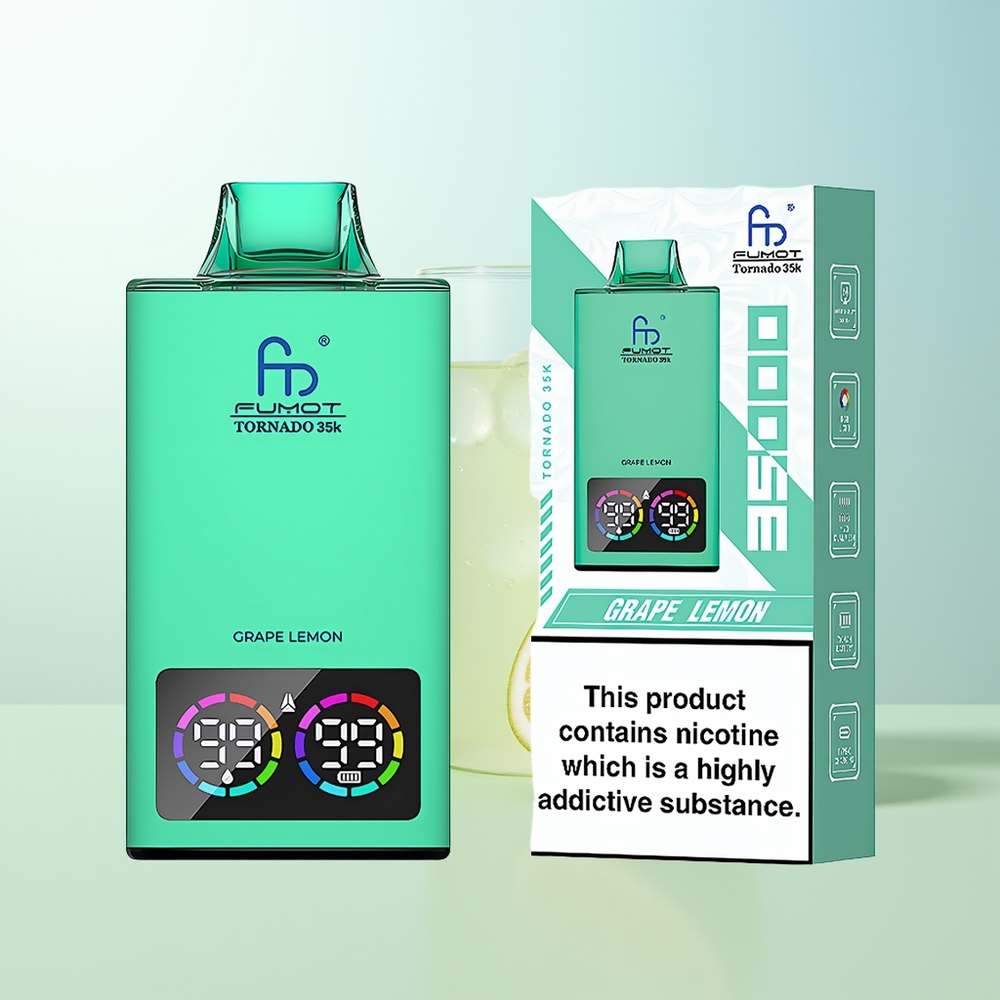 Fumot Tornado 35000 Vape Desechable Uva Limón con Bobina Dual Mesh Indicador de E-líquido Luces RGB Variables Batería de 700 MAH y Carga Rápida USB-C