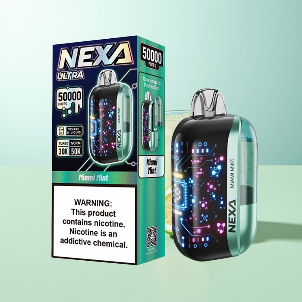 NEXA Ultra 50000 Puffs Menta de Miami Disposable Vape 20ml 800mah 5 Nicotina 09ohm Dual Mesh Pantalla 3D Tipo-C