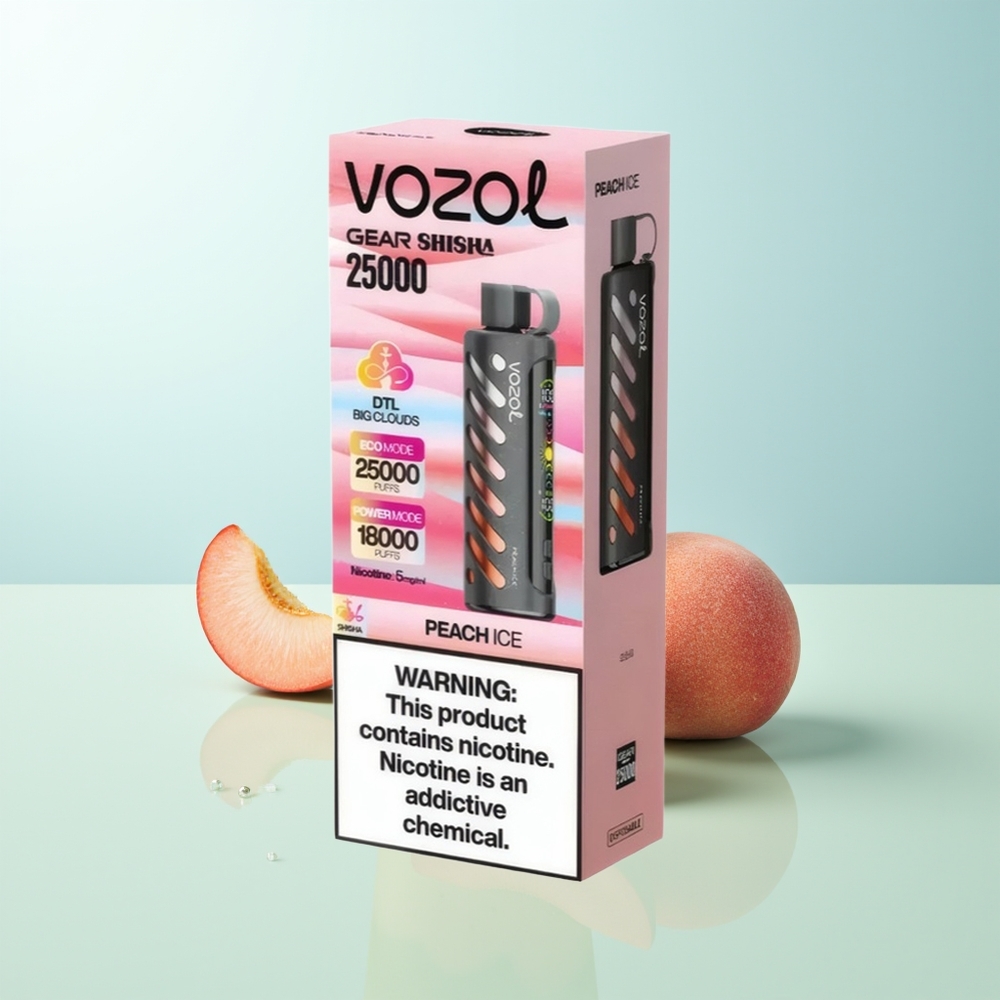 VOZOL Gear Shisha 25000 Puffs Melocotón Hielo Doble Malla SiLC Tech 1000mAh 5mg/ml