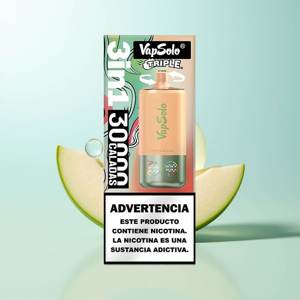 VapSolo Triple 30000 Puffs Vape Triple Melón 40ml 20/50mg Tipo-C 3 Tanques