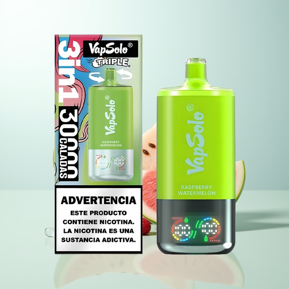 Vapsolo Triple 30000 Puffs Disposable Vape Frambuesa Sandía 40ml 3 Tanques Tipo-C