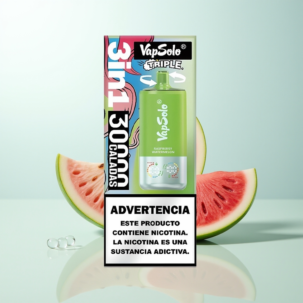 Vapsolo Triple 30000 Puffs Disposable Vape Frambuesa Sandía 40ml 3 Tanques Tipo-C