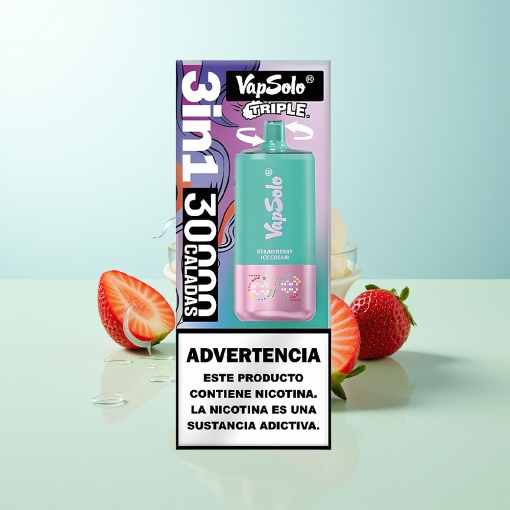 Vapsolo Triple 30000 Puffs Fresa Helado 40ml 3 Tanques Tipo-C