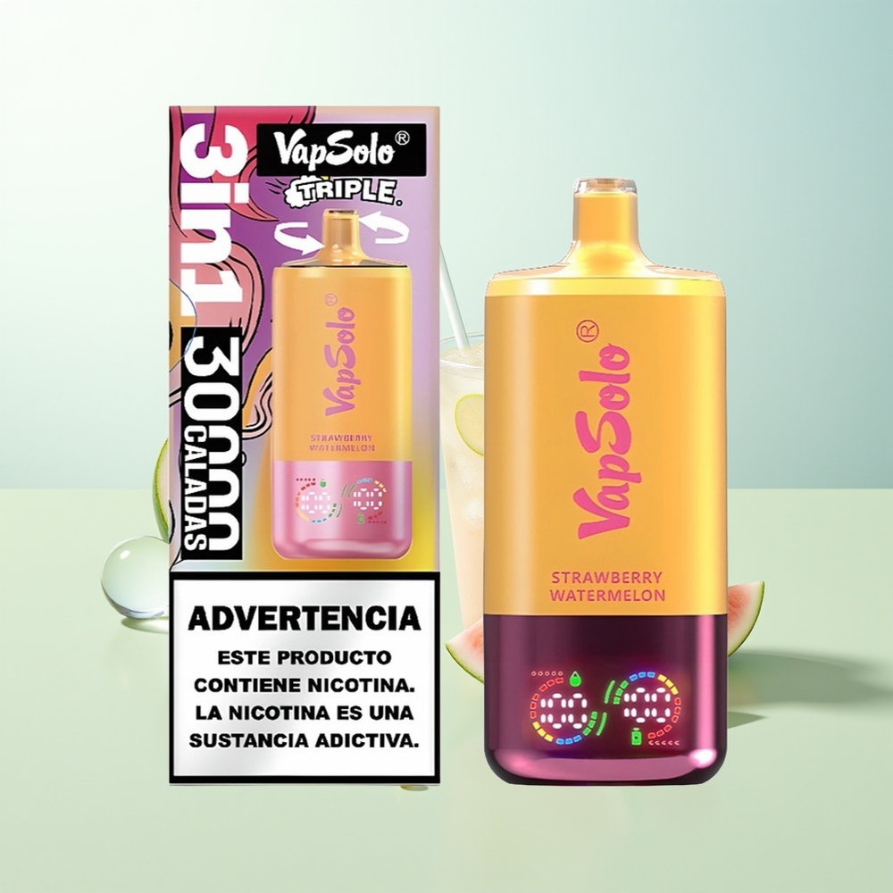 Vapsolo Triple 30000 Puffs Fresa Sandía  Melocotón Limón 40ml 3 Tanques Tipo-C