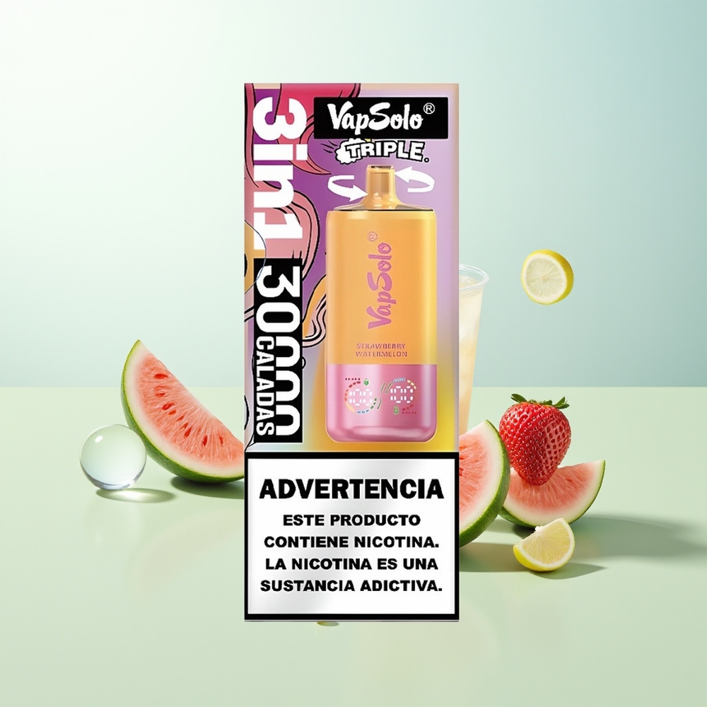Vapsolo Triple 30000 Puffs Fresa Sandía  Melocotón Limón 40ml 3 Tanques Tipo-C