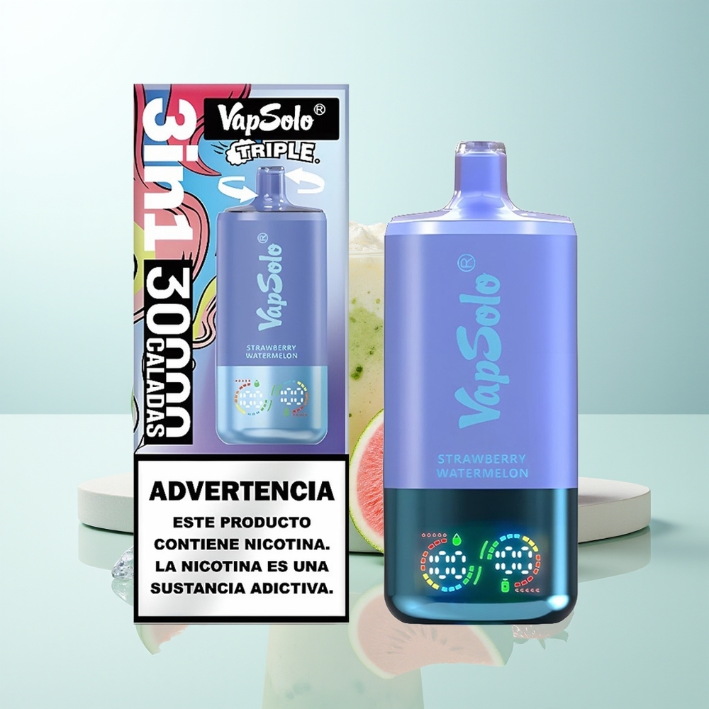 Vapsolo Triple 30000 Puffs Vape Desechable Fresa Sandía  Arándano Hielo 40ml 3 Tanques Tipo-C