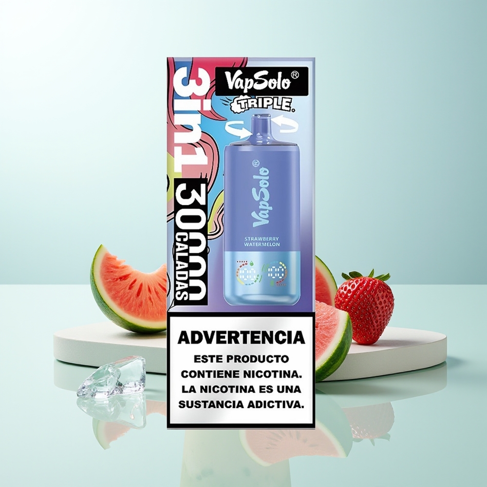 Vapsolo Triple 30000 Puffs Vape Desechable Fresa Sandía  Arándano Hielo 40ml 3 Tanques Tipo-C