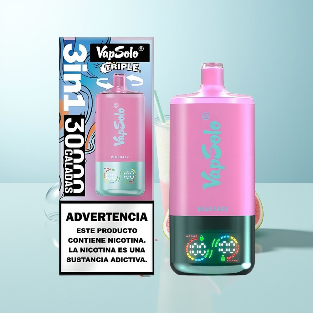 Vapsolo Triple 30000 Puffs Vape Dispositivo Azul Arándano con 40ml de Líquido 3 Tanques y Carga Tipo-C