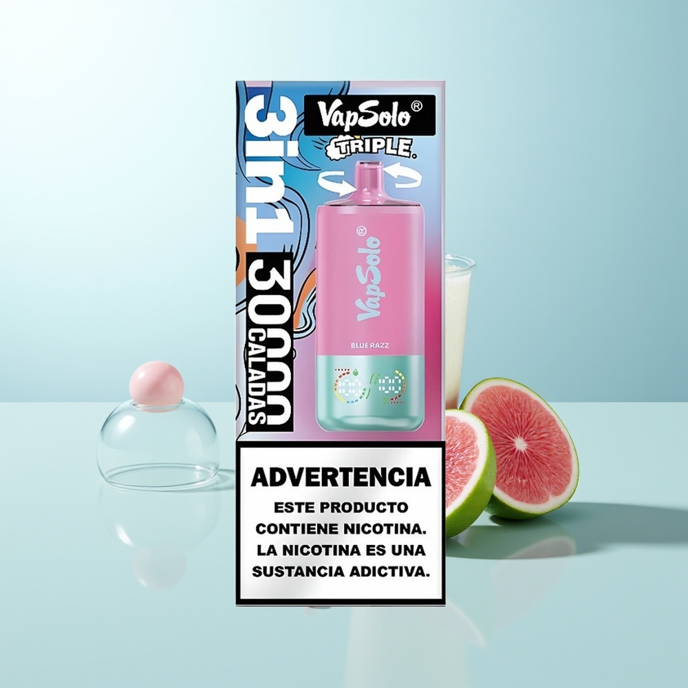 Vapsolo Triple 30000 Puffs Vape Dispositivo Azul Arándano con 40ml de Líquido 3 Tanques y Carga Tipo-C
