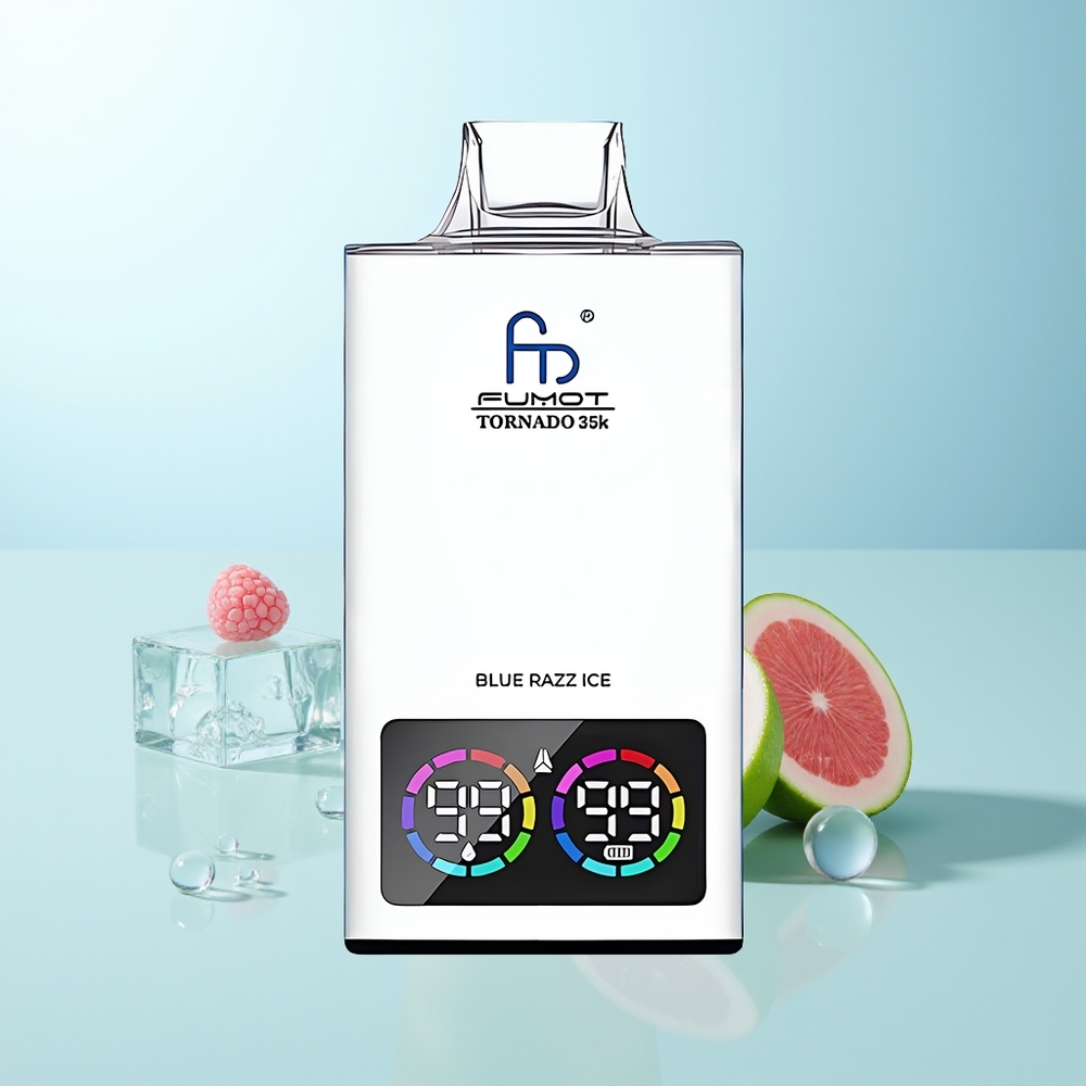 Fumot Tornado 35000 Azul Frambuesa Hielo con Bobina Dual Mesh, Indicador de E-líquido, Luces RGB Variables, 15ml de E-juice, Batería de 700 MAH, Carga Rápida USB-C